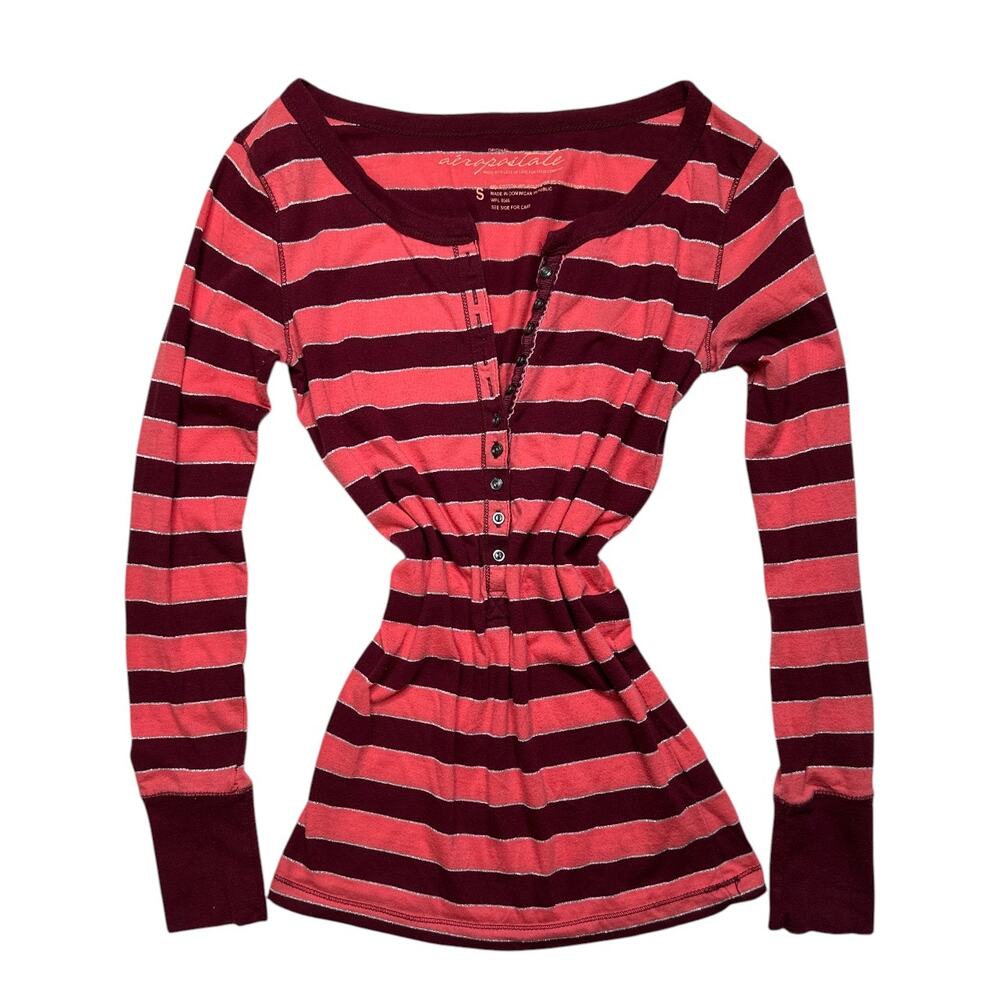 Vintage Y2K Aeropostale Pink Burgundy Striped Babydoll Henley Top Size S
